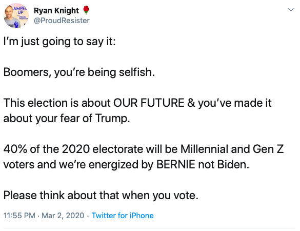 AuthorKimberley's tweet photo. I haven't voted yet. I'm for Warren and I'm not a boomer. Bernie not being my top pick doesn't make me selfish.

This divisive rhetoric is harmful. https://t.co/VruzIOvNqe