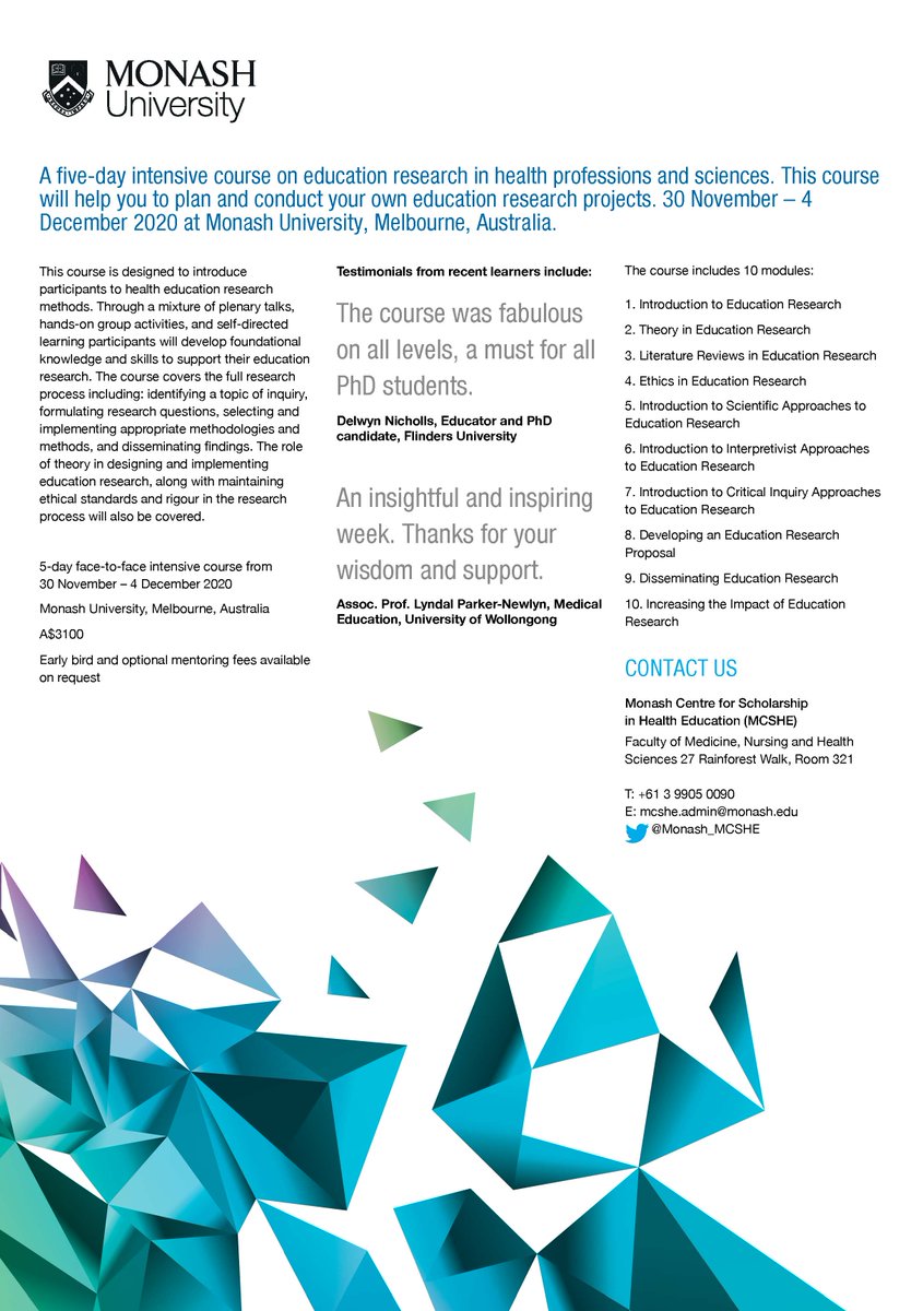 Monash_MCSHE's tweet photo. Interested in learning more about Health Professions Education Research? 
Find out more at our booth at #Ottawa2020 
- 5-day face-to-face course (30 Nov–4 Dec, Monash University, Melbourne, Australia)
- Online only (4 May–10 July; and 3 Aug–9 Oct). https://t.co/HEmFoZXdZH https://t.co/vaiYMnjlwF