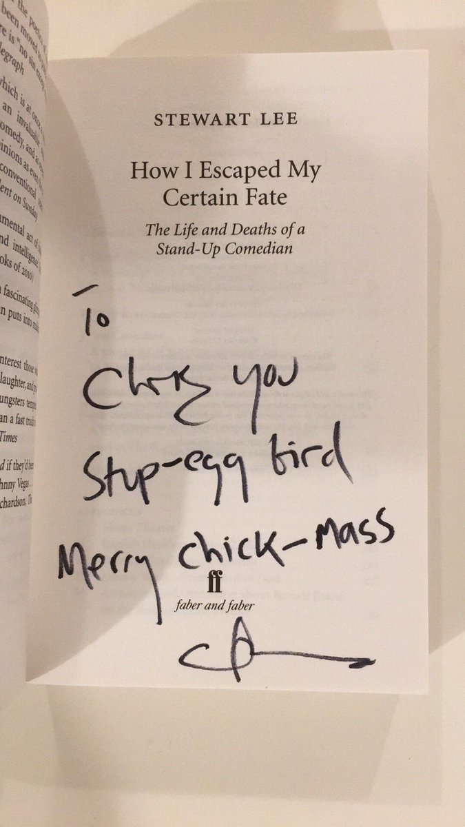 RealChrisMarsh's tweet photo. @plinytweet a pal got me Stew’s book and he signed it with egg jokes #stewartlee https://t.co/F1jJmhfgok