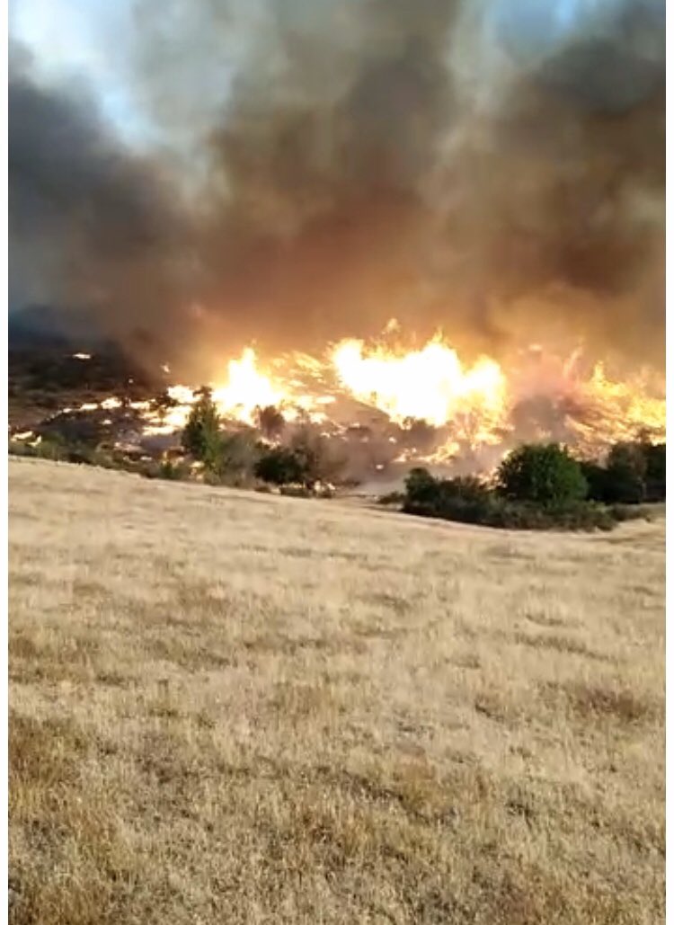 Avanza veloz el incendio desatado esta tarde a las puertas d la ciudad de #esquel. Los vientos orientan las llamas en dirección a los barrios periféricos de la ciudad. No creen poder extinguirlo durante las próximas horas. Trabajan dotaciones de bomberos locales con apoyo aéreo. https://t.co/vPLf4kLcXc