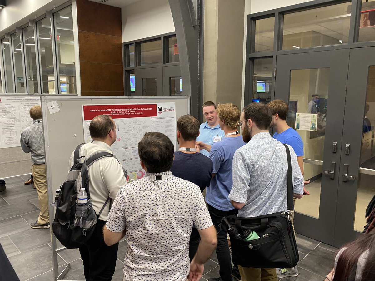 BiotechScott's tweet photo. Lotβs of interest at @BradleyKGall24βs (UGA Ferreira Group) @FloHetConf poster on Novel Chromium(III) Photocatalysts for Radical Cation Cycloadditions! πͺ #FloHet2020 https://t.co/aChJ7wuBR5