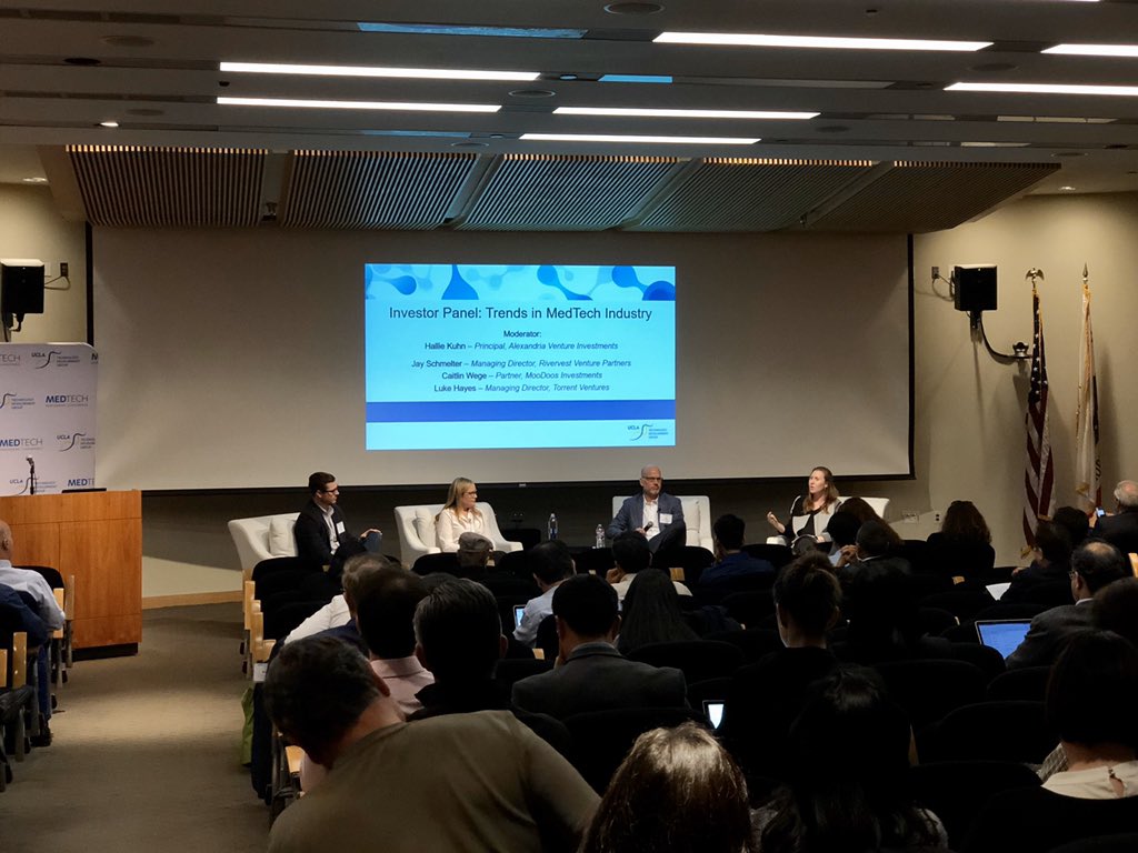 AmyMHz's tweet photo. Investor panel at #UCLAMedTech2020 led by @HEKS86 of Alexandria Venture Investments, speaking about navigating regulation, finding customers / reimbursement, and trending areas for #biotech &amp; #medtech investment. https://t.co/r3t623UhKf