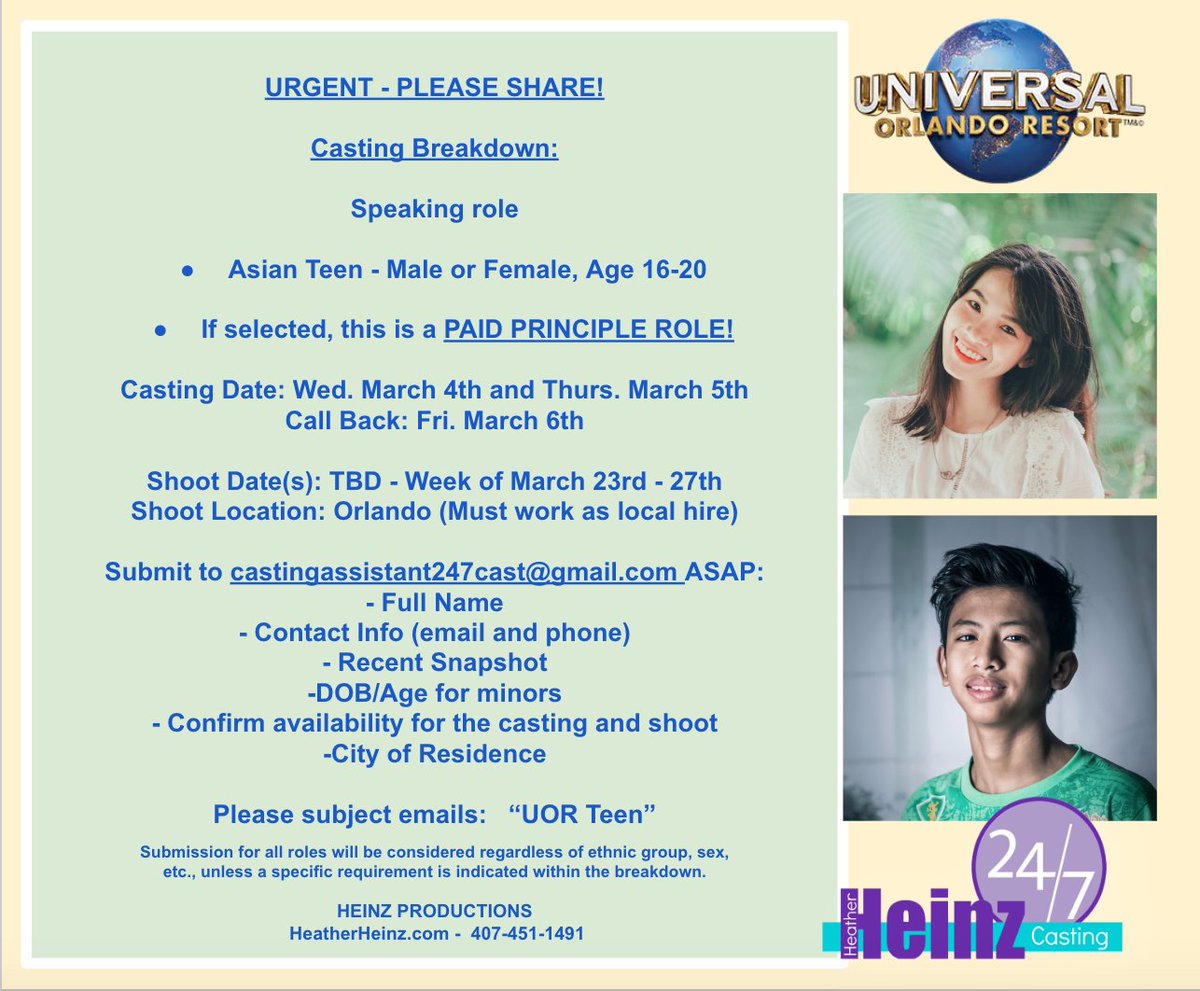 247cast's tweet photo. URGENT - PLEASE SHARE!

Casting Breakdown: 

Speaking role 

Asian Teen - Male or Female, Age 16-20

If selected, this is a PAID PRINCIPLE ROLE! 

Casting Date: Wed. March 4th and Thurs. March 5th
Call Back: Fri. March 6th

See image for details! https://t.co/RoNi3yforH