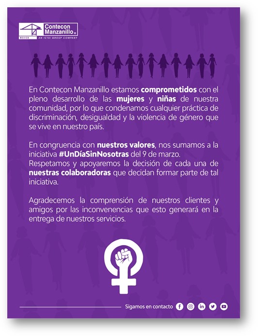 ConteconMzoOf's tweet photo. Manifestamos nuestra solidaridad uniéndonos a la iniciativa del #9M  #Undíasinnosotras. A todos los clientes les pedimos su comprensión y los invitamos a crear conciencia sobre la ausencia de ellas. 

#Contecon #HaciendoLaDiferencia #NiUnaMás #Manzanillo #Terminal #TECII https://t.co/Cp4Ky1jx1n