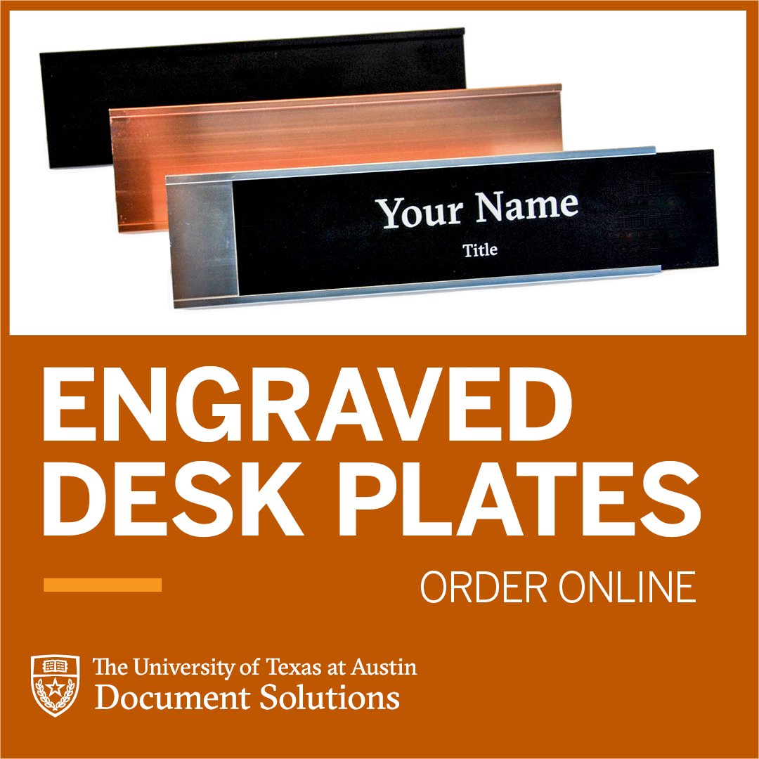 UTDocSol's tweet photo. UT staff, faculty & grad students: 👀 Order your UT engraved desk name plate or name badge online. Log in with your EID and get your new desk plate fast: https://t.co/FcTeB8cC1R
#UTAustin #FASservice #hookem #whatstartshere @TexasConnect2 @UTexasMcCombs https://t.co/HdblzKLjVX