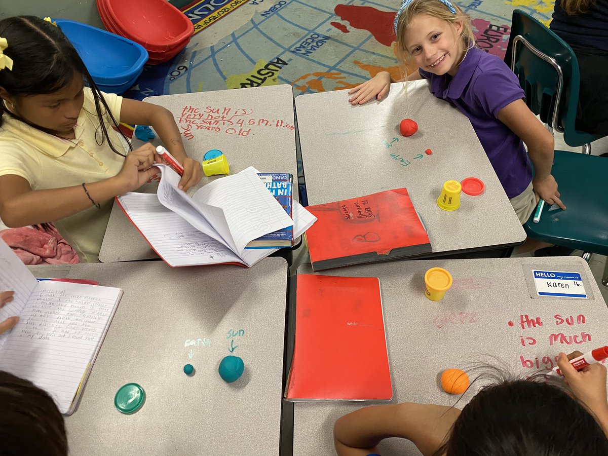 MrsCrumbly's tweet photo. Our favorite way to review content from the day before? Modeling it with Play-Doh and writing on our desks☀️💫 We are loving our new unit on the Sun. Our curious brains are hard at work! 🤓 @woronowski @GGEseagulls https://t.co/x5pR4fTJlI