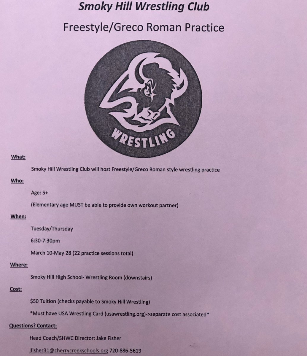 smoky_wrestling's tweet photo. Smoky Hill Wrestling Club Freestyle/Greco practice starts next week, 3/10!
We will practice Tuesday/Thursday from 6:30-7:30pm, from now until the end of May.
If you have any questions, contact Coach Fisher!
#gobuffs #hillyeah #makeaSTATEment #SHWC https://t.co/MWek6PEkj8