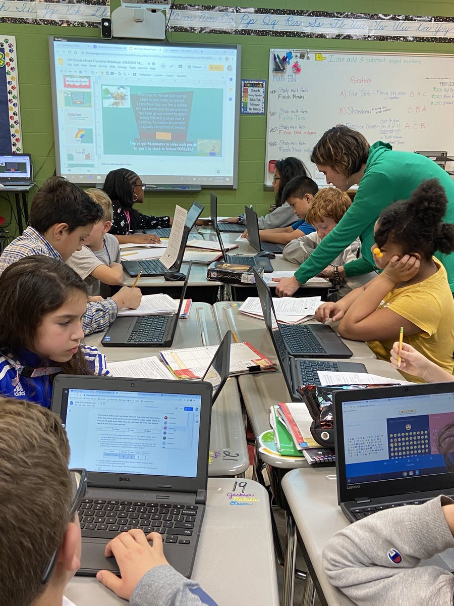 Look at all my engaged 4th graders during today’s St Paddy’s themed Breakout fractions lesson with ⁦@KRPriest⁩! They worked WAY past the 45 min time limit! ⁦@WPineElementary⁩ #fractionmasters