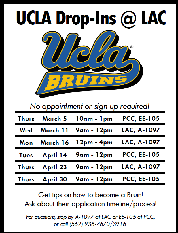 LbccTransfer's tweet photo. **UCLA Spring 2020 Dates** Drop In only -- no appointment necessary.  First come/first seen.  Stop by and speak to a UCLA Representatives to get your questions answered.  Next date: Th, MARCH 5th @ PCC** https://t.co/CFY89Vsupg