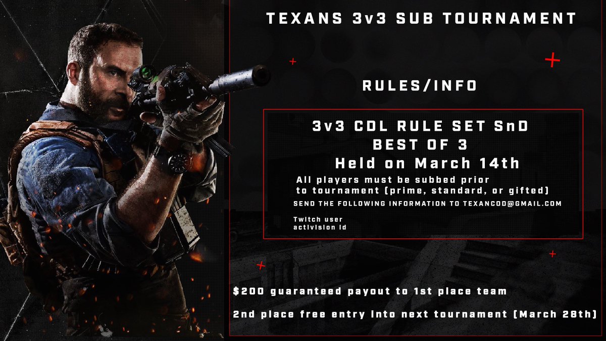 TexanCOD's tweet photo. Sign ups are open:

3v3 CDL SnD
Best of 3
$200 GTD for 1st
March 14th https://t.co/OccXdzdH25