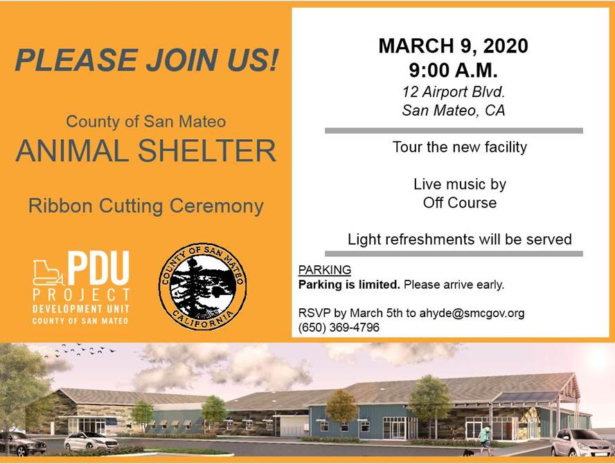 sanmateoco's tweet photo. Save the Date: Ribbon-cutting ceremony celebrating completion of the new San Mateo County Animal Shelter! March 9 at 9 AM, 12 Airport Blvd., San Mateo. @smcpdu @SMCHealth @PeninsulaHumane https://t.co/Mneh0nJ0n8