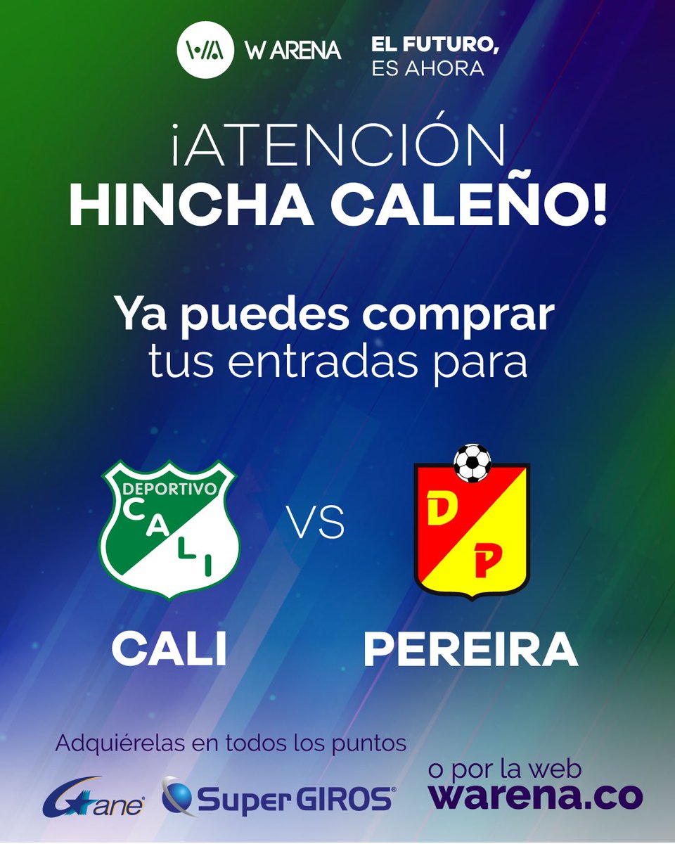 warenaoficial's tweet photo. ‼️ATENCIÓN HINCHA CALEÑO‼️
Ya están a la venta las entradas para @AsoDeporCali vs @Corpereira🎟😀
W Arena, el futuro es ahora.
#Warena #ElFuturoEsAhora #Pasion #Futbol #UnBuenHinchaComparte #Entradas #CaliCo #DeportivoCali #Estadio #Hincha #DatosW @GaneCali @SuperGIROS_ https://t.co/NZ7HmGjMIi