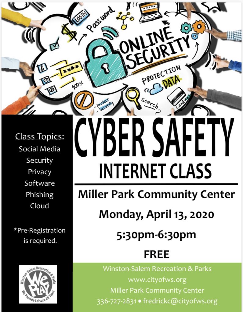 CityofWS's tweet photo. Miller Park is excited to announce a new program we will be offering on April 13th! Our Cyber Safety Internet Class! Come learn how to be more safe when you’re surfing the web! #cybersafety #internet #computers #cyber #MP139 https://t.co/5aywxLplqt