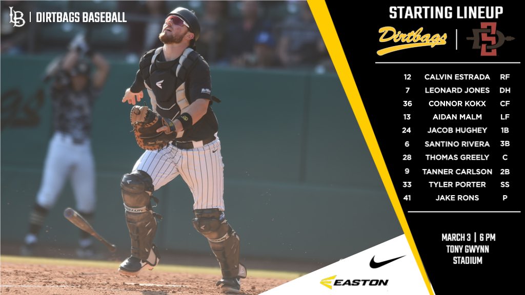 LBDirtbags's tweet photo. Here’s the starting lineup for our first road game of the season! No. 17 Long Beach State visiting San Diego State tonight in the 619. #GoBeach https://t.co/73ZiccgXE0