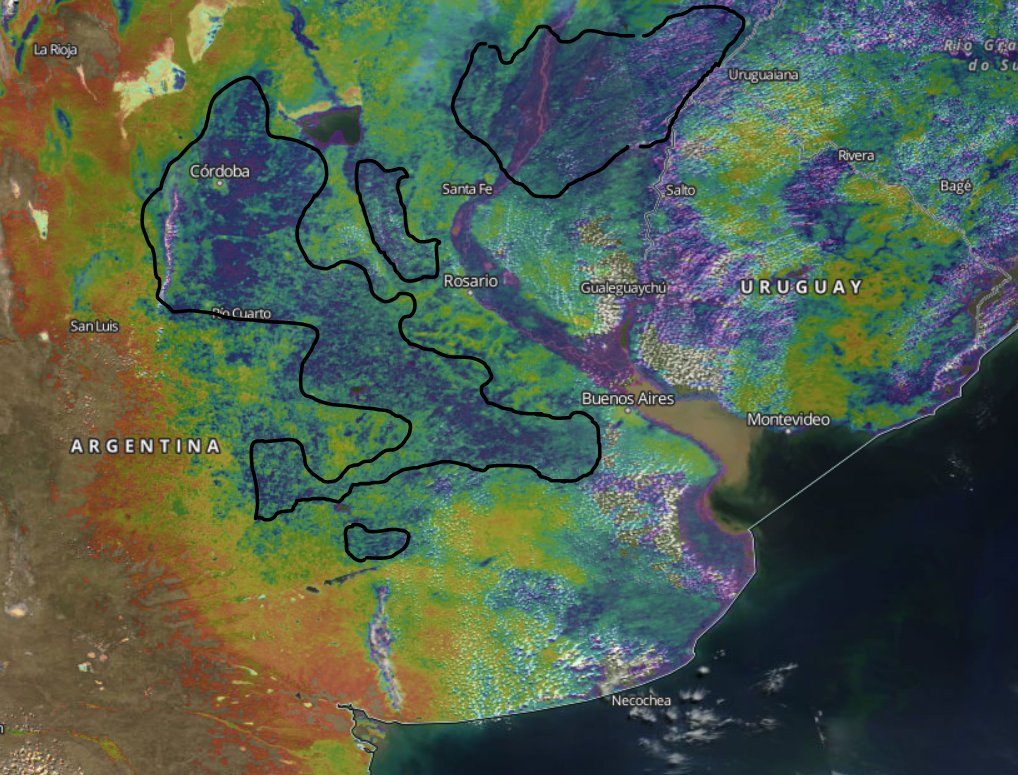 joacolascombes's tweet image. Imagen de temperatura de superficie de hoy cerca del mediodía.

Delimite en negro las zonas que podrían estar menos afectadas. 

Te parece que está bien delimitado?

Fuente: MODIS Aqua @NASA 

*Tiene transparencia para que se vean las nubes del mismo momento.

#agdron #meteojl