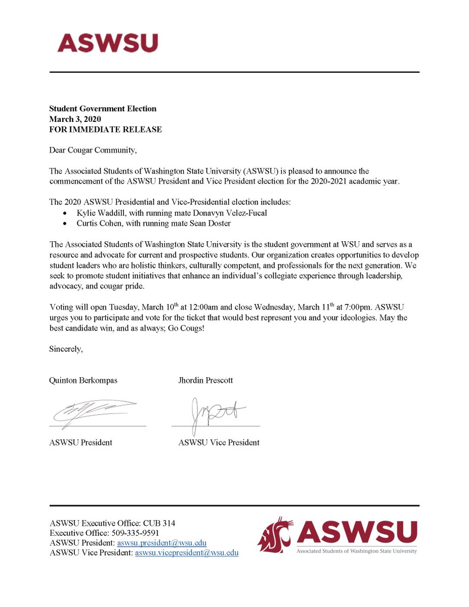 This is the official statement of the Associated Students of Washington State University regarding the upcoming ASWSU election.
