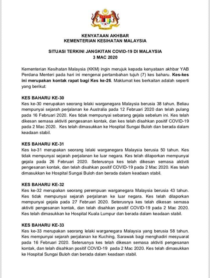 트위터의 Majlis Keselamatan Negara 님 Kkm Sahkan Tujuh Lagi Kes Positif Covid 19 Membabitkan Warga Tempatan Hari Ini Kp Kesihatan Noor Hisham Abdullah Dghisham Kkmputrajaya Jpmgov Jpenerangan Https T Co A6tdxafwoy