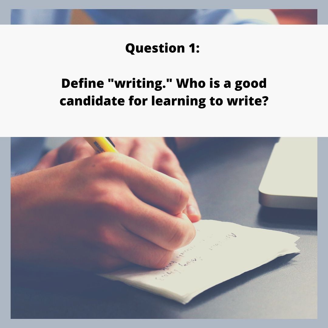 LisaBranscumOT's tweet photo. Let's get started with the questions! Q1: Define "writing." Who is a good candidate for learning to write? [Picture of a hand writing a note on paper with Question 1] #PatinsIcam https://t.co/579iim1cly