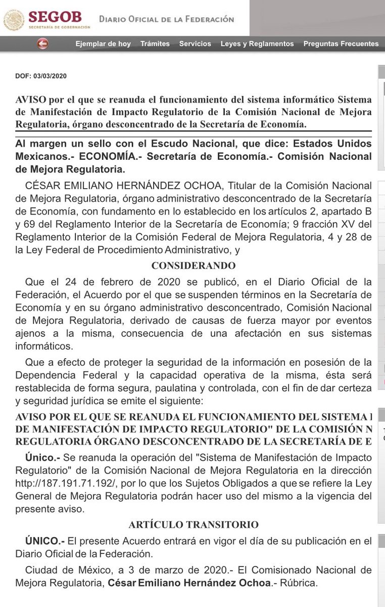 chdz8a's tweet photo. Hoy se publicó en el @DOF_SEGOB el aviso de reanudación del Sistema de Manifestación de Impacto Regulatorio (#SIMIR) de @CONAMER_MX https://t.co/PSg2ogvsyp https://t.co/h5KwijLP4x
