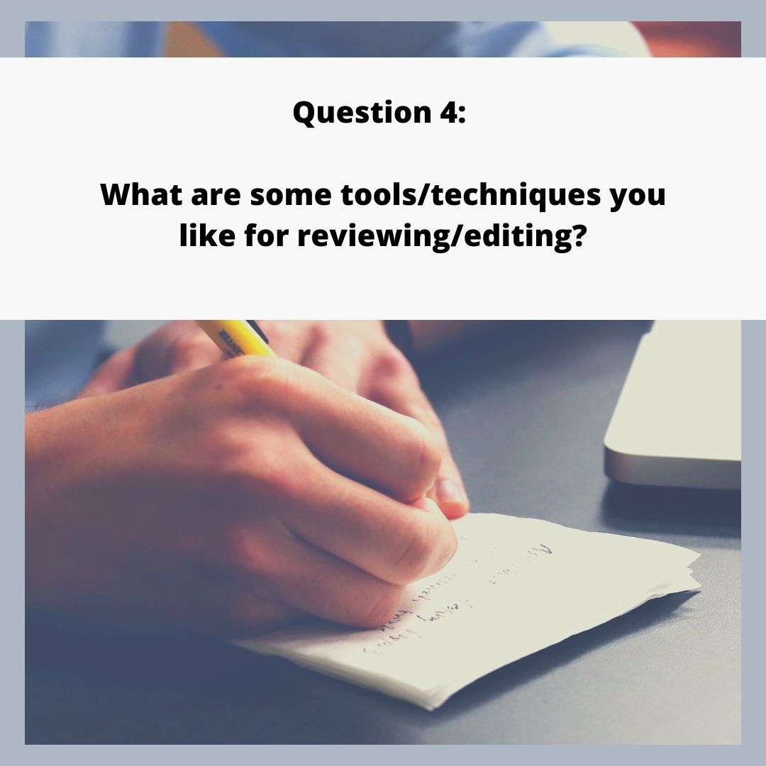 LisaBranscumOT's tweet photo. Q4: What are some tools/techniques you like for reviewing/editing? [Picture of a hand writing a note on paper with Question 4] #PatinsIcam https://t.co/3mN4mmw8Aq