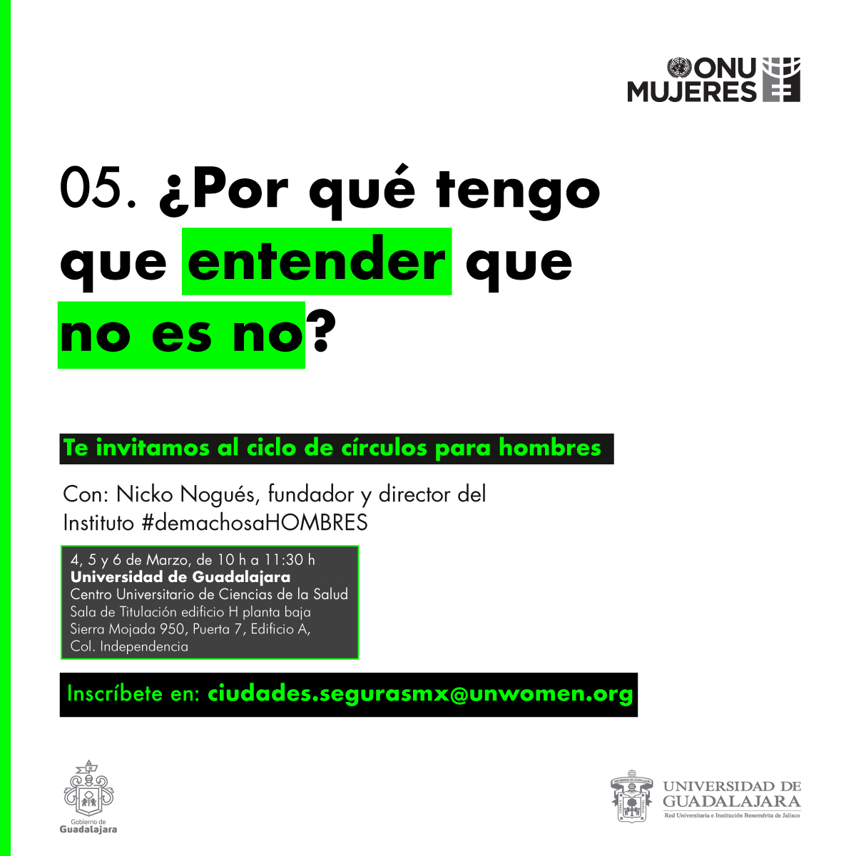 udg_oficial's tweet photo. Sin un sí ¡es no! 
Para fomentar relaciones igualitarias, basadas en el consentimiento y respeto, acompáñanos al ciclo Círculos de hombres, que organizamos con @ONUMujeresMX, ahí podrás clarificar algunos conceptos de las interacciones sociales como la seducción, el sí y el no. https://t.co/ei2kv6RgSe