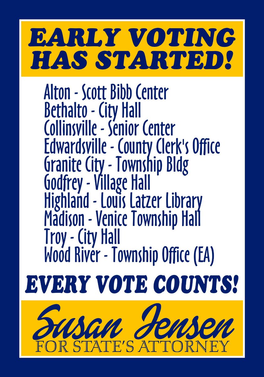 Vote_S_Jensen's tweet photo. EARLY VOTING is in full effect!  Avoid the lines &amp; save St. Patrick's Day for eating corned beef &amp; cabbage! All the sites listed below are open as of today, March 3. For address &amp; hours, go to https://t.co/oLh3LA0C9P  #madisoncountyil #madisoncountystatesattorney #vote https://t.co/oOqkBAIy3l
