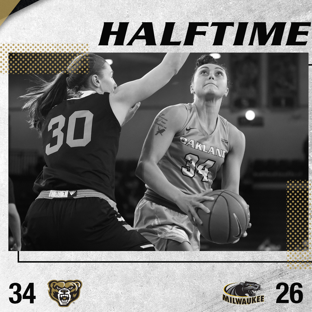 OaklandWBBall's tweet photo. So far, so good for @OaklandWBBall as they lead at the half in #HLWBB Tournament action at Milwaukee. Guingrich leads the way with 8 pts followed by 7 pts from Luchenbach!! https://t.co/YMv0gJUURg