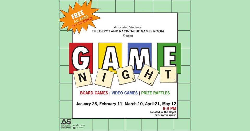 thedepotsf's tweet photo. Game Night is right around the corner! Join us next Tuesday, as we partner up with the Games Room to provide y'all some fun board, card, and video games to play. 🎮🃏🎲
.
.
.
.
#GameNight #VideoGames #BoardGames #Raffle #WinPrizes #SFState #SanFranciscoStateUniversity https://t.co/UwKCD3jIEN