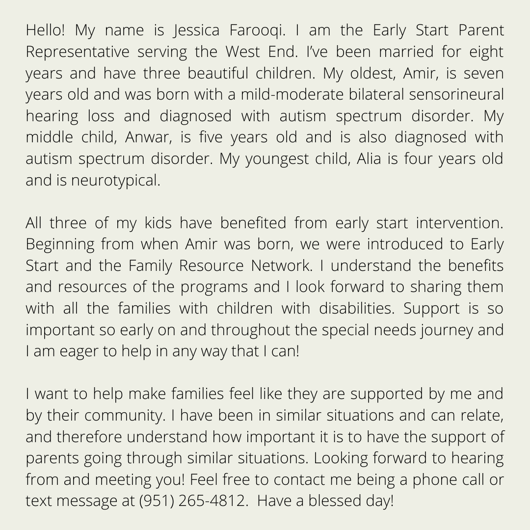 EarlyStartFRN's tweet photo. Jessica Farooqi is the ESFRN Parent Representative for the West End area. She can be contacted at (951) 265-4812 or by the @earlystartfrn at (800) 974-5553.😊 SWIPE RIGHT FOR MORE. #ParentToParentSupport #earlystartfamilyresourcenetwork #Family #ESFRN #parentrep https://t.co/N621GtMMLy