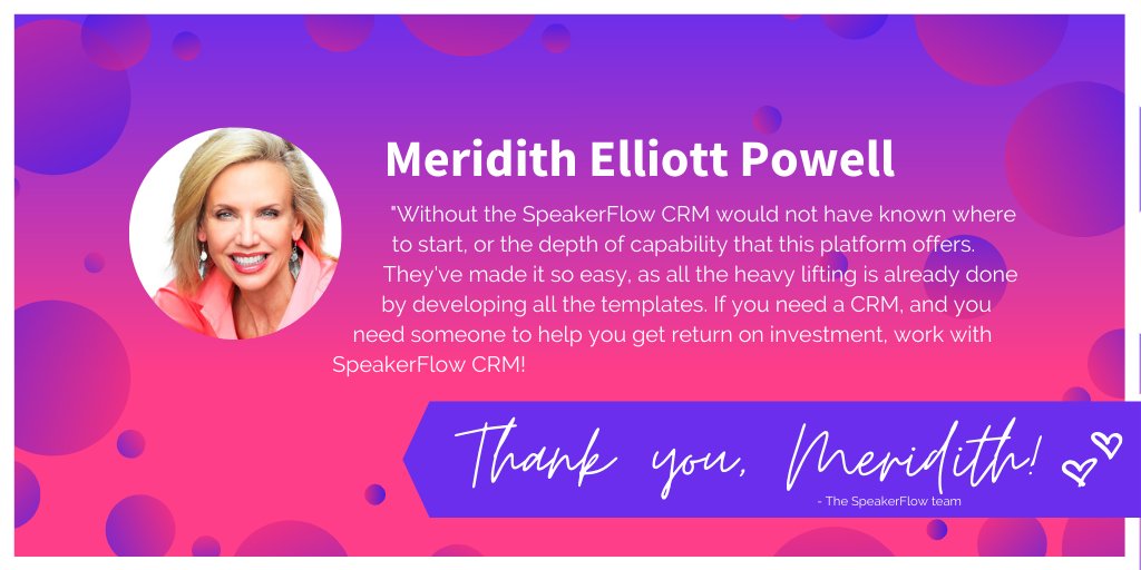 SpeakerFlow's tweet image. Last but not least, thank you to the amazing Meridith Elliot Powell 💖  Meridith, from your #SpeakerFlow CRM feedback to your #speakingindustry insights, you&apos;ve been one of our faves to work with! (Plus: if you want to see a solid #prospeaker website, you need to see hers) 👏 👍