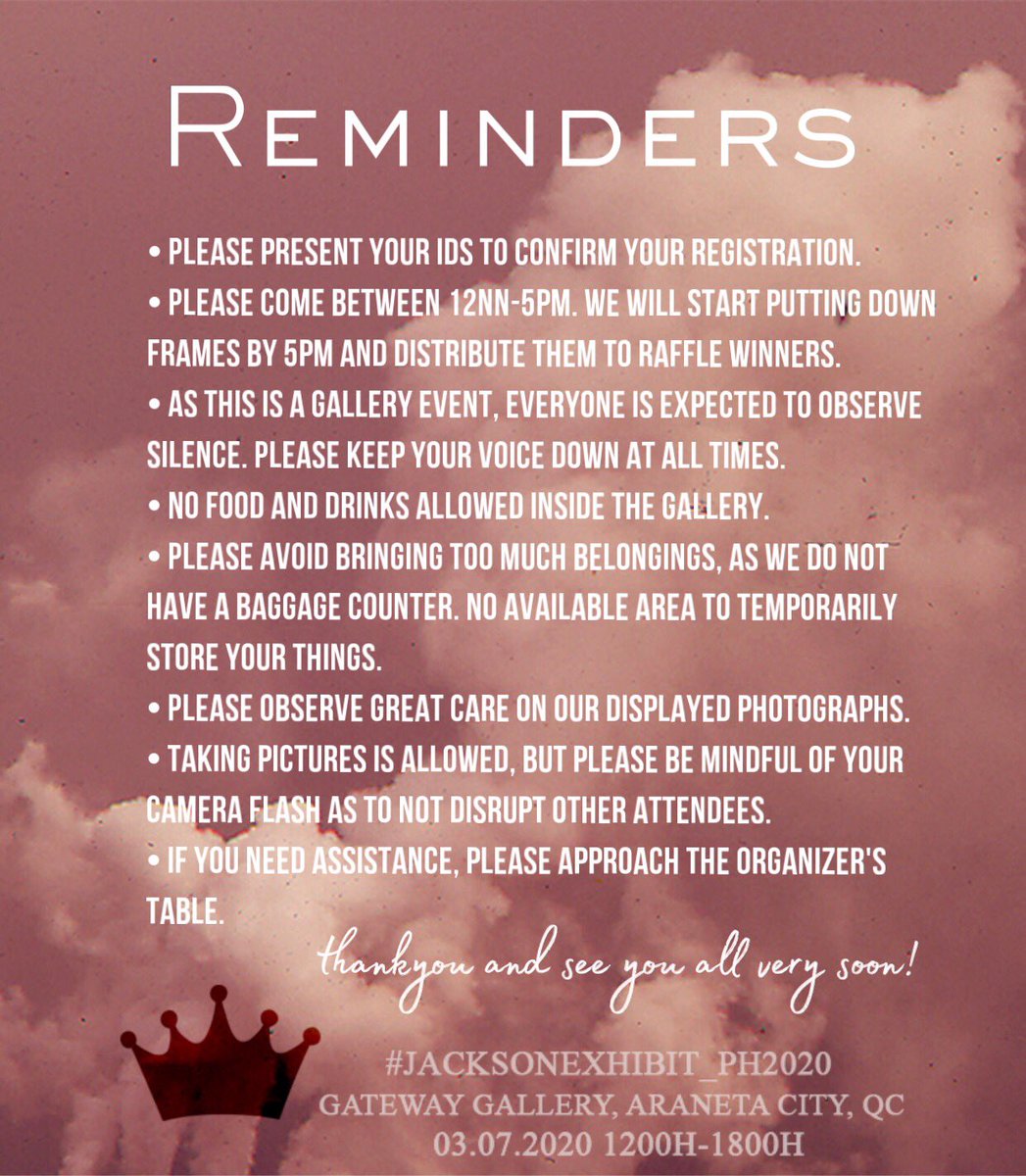 [  #JacksonExhibit_PH2020 ] Please read our final set of reminders :)The gallery is on the 5th floor. Please use the elevators :)Excited to see youuuu!Your organizers, @crisdieta  @styxNbia7  @852durian_wang  #JacksonWang  #TEAMWANG  @JacksonWang852  #GOT7  @GOT7Official