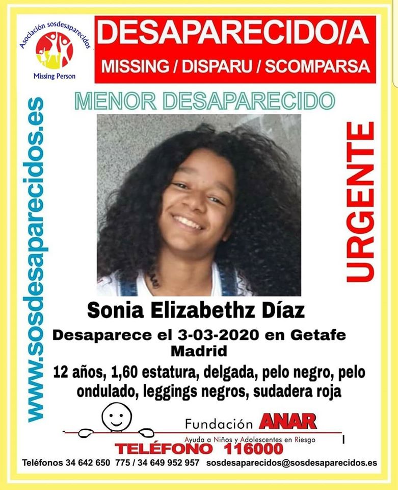 guardiacivil's tweet photo. 🆘 #MUYURGENTE ⚠️

Esta es Sonia, una #menor que ha #desaparecido en #Getafe #Madrid 

Si la ves llámanos 

☎ #062
☎   091
☎   112

Colabora, tu RT no cuesta nada y es muy importante para localizarla. https://t.co/sqSksfdavZ