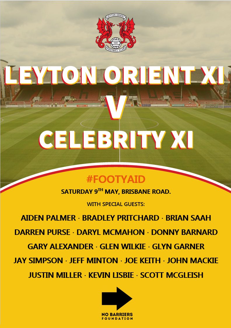 NoBarriersFdn's tweet photo. Any @leytonorientfc fans interested in seeing a few familiar faces back on the pitch? Should be a great match and a great way to help us and the @LOTrust. All profits going to charity. Tickets from £5 at https://t.co/LDTCAU7DsE and please help us share this with any Orient fans! https://t.co/48WT4oQLSB