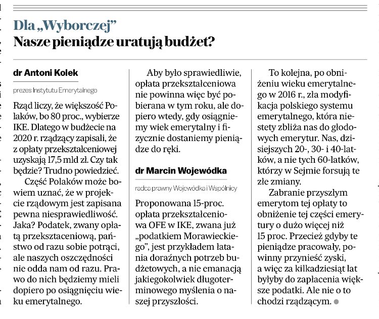 Inst_Emerytalny's tweet photo. W dzisiejszym numerze @gazeta_wyborcza w artykule "Komu powierzyć pieniądze z #OFE? #ZUS czy #IKEplus"
Komentarze @AntoniKolek i @WojewodkaMarcin zapraszamy do lektury!
#reformaOFE #OFE2020 #PPK #SystemEmerytalny #ZUSczyIKE
https://t.co/M57DXLPUXJ https://t.co/HKzB5mApP4