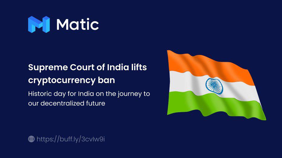 0xPolygon's tweet photo. 1/ Congratulations to the whole community on Supreme Court of India lifting ban on cryptocurrencies in India. We are too excited with this positive development!

Matic Network has always been focussed on adoption of blockchain-based use cases in India

https://t.co/oslk4gNdxn https://t.co/5EtM3nKp8P