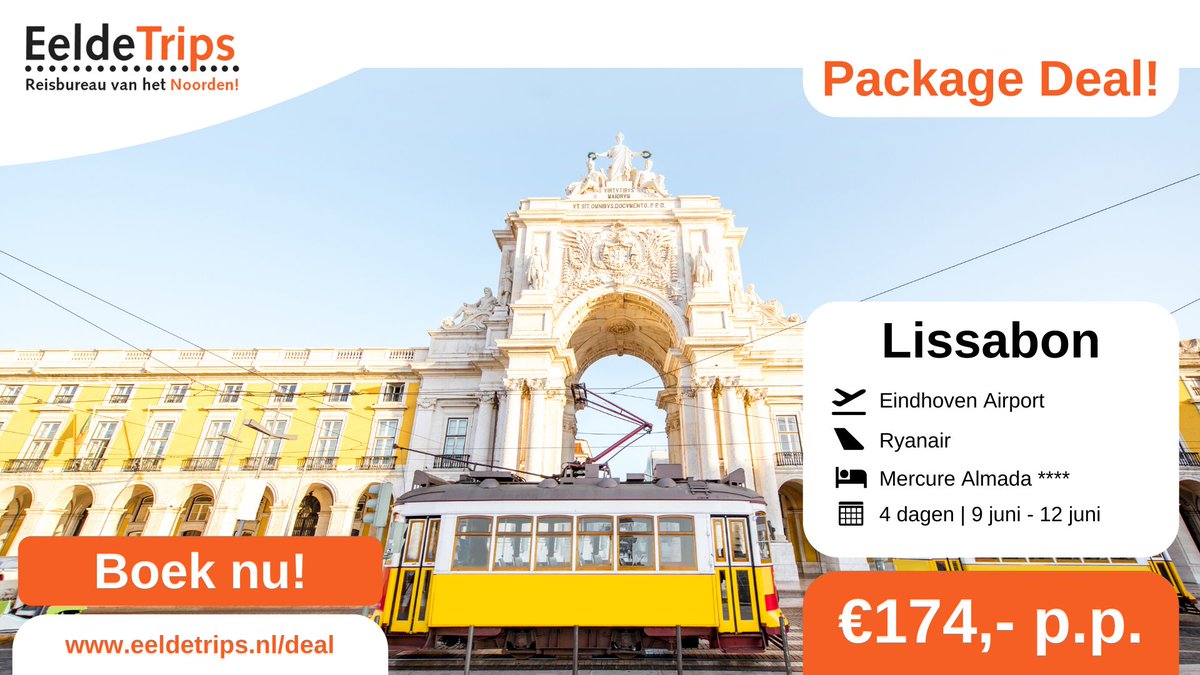 EeldeTrips's tweet photo. Package Deal! Combineer jouw vlucht en hotel bij EeldeTrips en profiteer van combinatievoordeel! 🇵🇹✈️

Je boekt al 4 dagen Lissabon vanaf €174- p.p. inclusief vlucht en viersterrenhotel. Boek jouw package deal op https://t.co/Bb05NwdpGM https://t.co/ieBYGhNQ6k