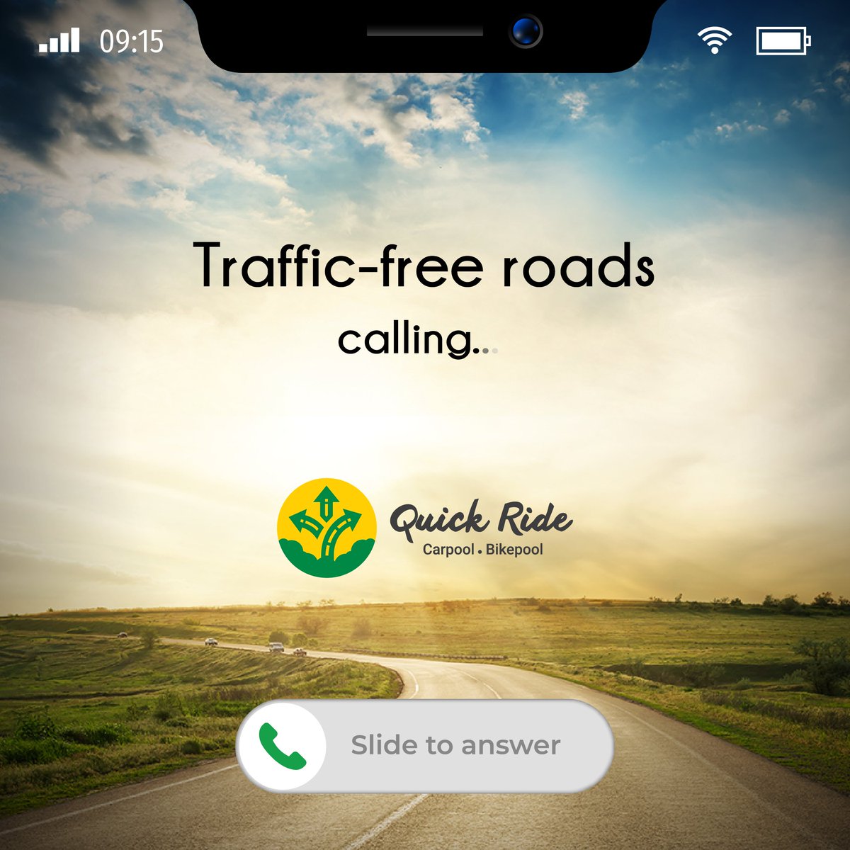 QuickRidein's tweet photo. It's no time to miss this call. Just slide the green button for a greener future.
#JustQuickRide #NowCalling https://t.co/BVlM7V7tcL