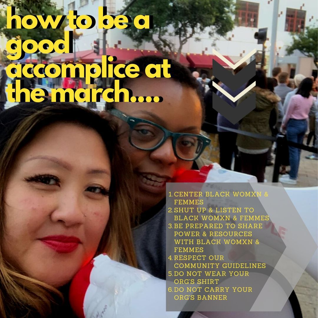 If you’re an accomplice, it ain’t about YOU at #M4BWSD. Do NOT wear your org/candidate’s shirt or carry your org/candidate’s banner. If you’re in front of a Black womxn/femme, step behind them. When you hear Black womxn/femmes tell you what we need, LISTEN &amp; ACT.
