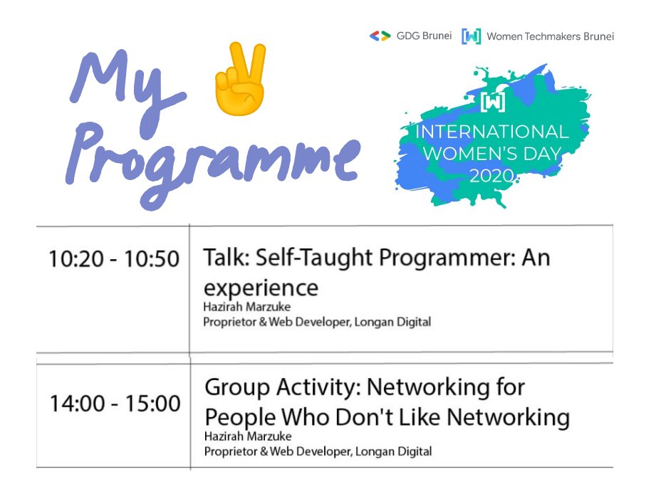 possiblyzebra's tweet photo. Here you go! My 2 activities for #IWDBrunei2020 this Sun 8 Mar 2020 βοΈ Newcomers to tech are welcome! #techbn
Check out the schedule of talks & workshops: https://t.co/3ZcjrktqYK.
Registration is still open, sign up here: https://t.co/rG21DqVgOu https://t.co/Jzx7IiJfev