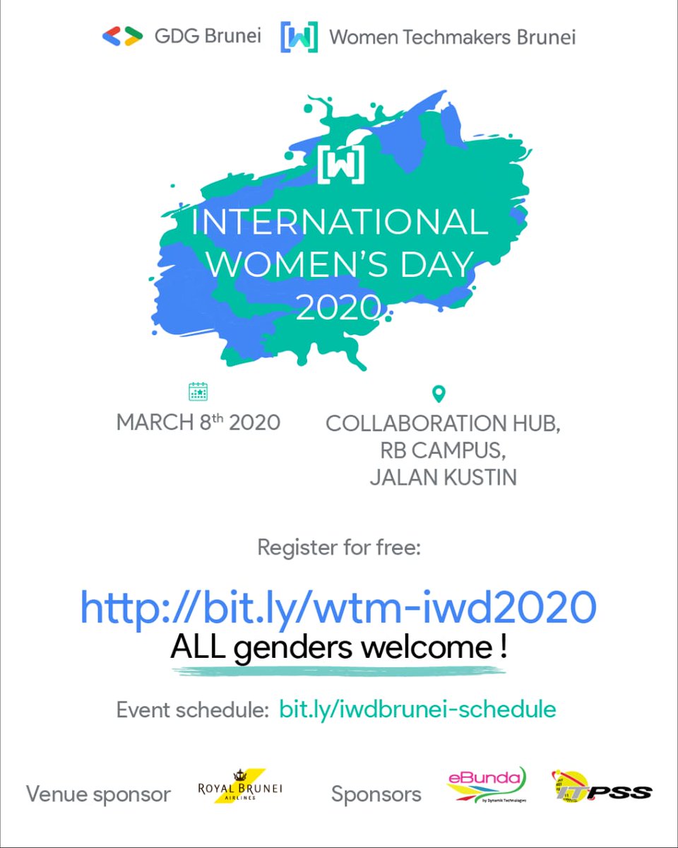 possiblyzebra's tweet photo. Here you go! My 2 activities for #IWDBrunei2020 this Sun 8 Mar 2020 βοΈ Newcomers to tech are welcome! #techbn
Check out the schedule of talks & workshops: https://t.co/3ZcjrktqYK.
Registration is still open, sign up here: https://t.co/rG21DqVgOu https://t.co/Jzx7IiJfev