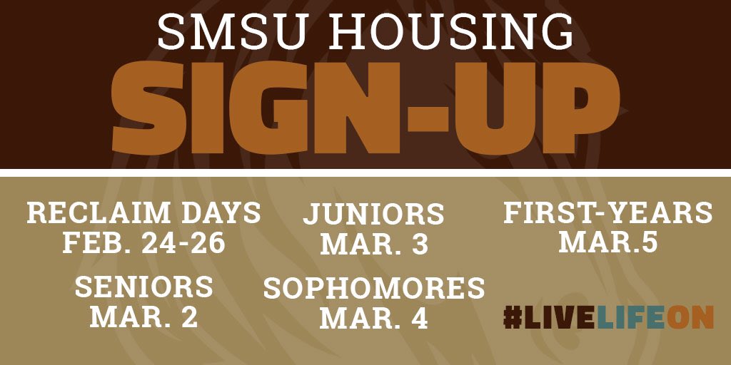 SMSUResLife's tweet photo. Wouldn’t it feel great not having to worry about covering a rent payment,utilities,cable,or internet each month? If you answered yes, living on-campus might be a perfect option for you! Look at the housing sign-up schedule to find out when you can select your room! #LiveLifeOn https://t.co/ulEkGcbmxg