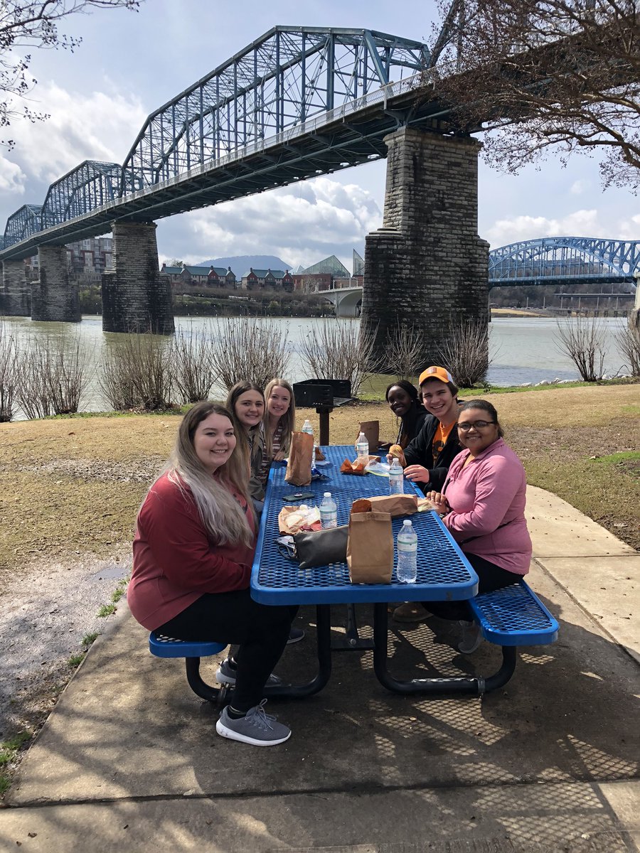 SteveVantrease's tweet photo. UTM Alternate Spring Break, Day 2 - starts off at UTC where Alexis Hurley &amp; David Steele bring us a history of desegregation of Chattanooga.  A lesson more truthful and thought provoking than comfortable.  We followed that up with lunch at Coolidge Park on the TN River. https://t.co/nqm5oGwRmx