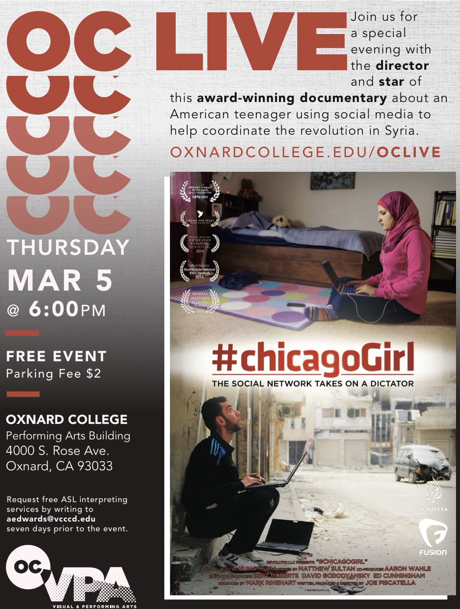 This Thurs. <a href="/realOCLIVE/">OC LIVE</a> shows a film where Social Media Takes on a Dictator. Watch <a href="/chicagogirlfilm/">#ChicagoGirl</a> &amp; then Chat with Star <a href="/AlaaBasatneh/">Alaa Basatneh</a> and Director <a href="/jpiscatella/">Joe Piscatella</a>. JOIN US FOR FREE. OPEN TO ENTIRE COMMUNITY! <a href="/OxnardCollege/">Oxnard College</a>