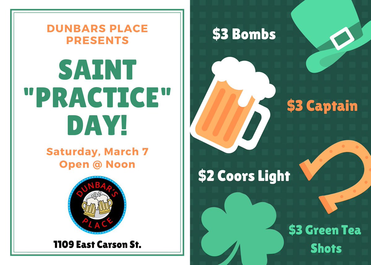 DunbarsPlace's tweet photo. St Practice Day is this Saturday and we’ll be opening at Noon! https://t.co/X1uYKowHnB