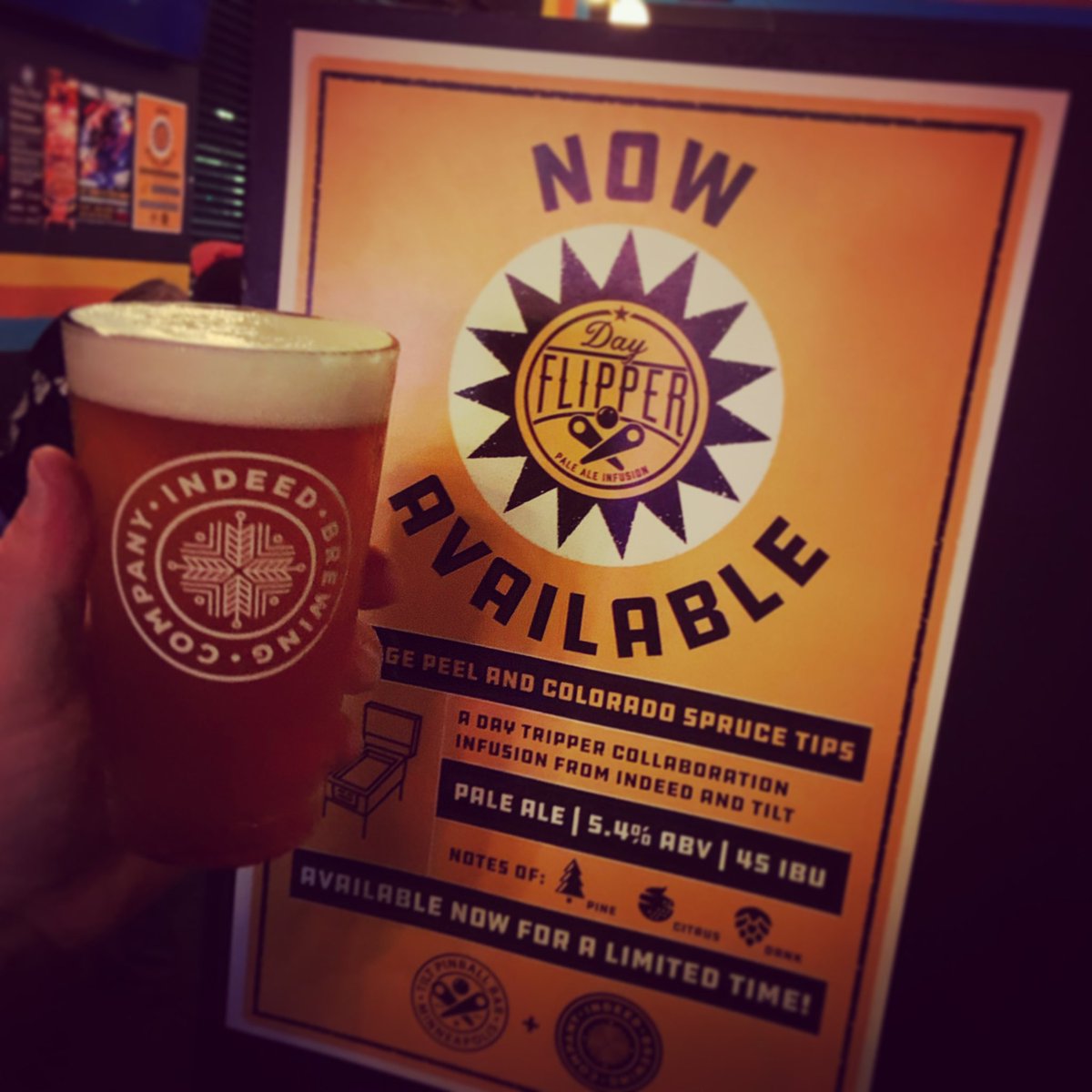 Matt Plank (@indeedrepmatt) on Twitter photo Fun to release the first edition of #DayFlipper - a collab between @tiltpinballbar and <a href="/indeedbrewing/">Indeed Brewing Co.</a>. A different experimental infusion each time, only a couple kegs til they’re gone forever. Get to Tilt before this version infused with #OrangePeel and #SpruceTips is gone. Fun to release the first edition of #DayFlipper - a collab between @tiltpinballbar and <a href="/indeedbrewing/">Indeed Brewing Co.</a>. A different experimental infusion each time, only a couple kegs til they’re gone forever. Get to Tilt before this version infused with #OrangePeel and #SpruceTips is gone.