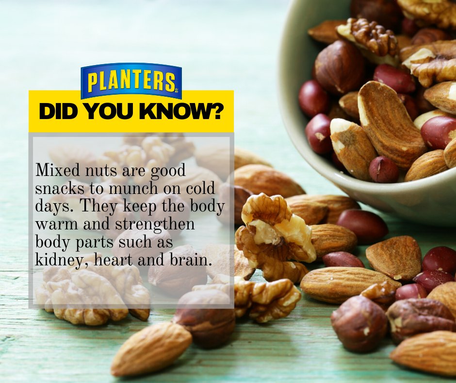 planterscanada's tweet photo. Did you know?... Mixed nuts are good snacks to munch on cold days. They keep body warm and strengthen body parts such as kidney, heart and brain.
#TuesdayFunFacts #PlantersNUTtrition #Allaboutnuts #PlantersNuts #PlantersSnacks #PlantersCanada https://t.co/gEcu54qOiw