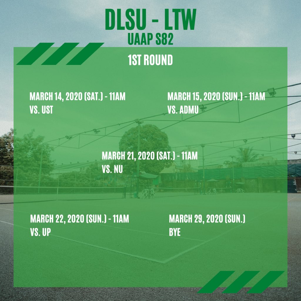 DLSULawnTennis's tweet photo. Here is this seasons UAAP s82 schedule for the first round. Just a few more days to go! Please come and support us! #AN1MO 🎾💚🏆🏹 https://t.co/W99stiFF5R