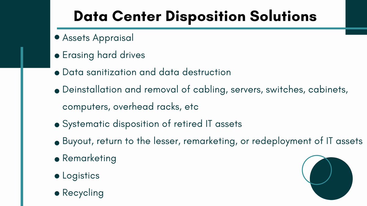 maxicomsg's tweet photo. Data Center Disposition Solutions Includes:
#AssetsAppraisal
#Erasingharddrives
#Datasanitization and #datadestruction
#Deinstallation and removal of #cabling, #servers, #switches, #cabinets, #computers, #overheadrack etc.
Systematic #disposition of retired #ITassets
#Remarketing https://t.co/mxKvFXAmPv