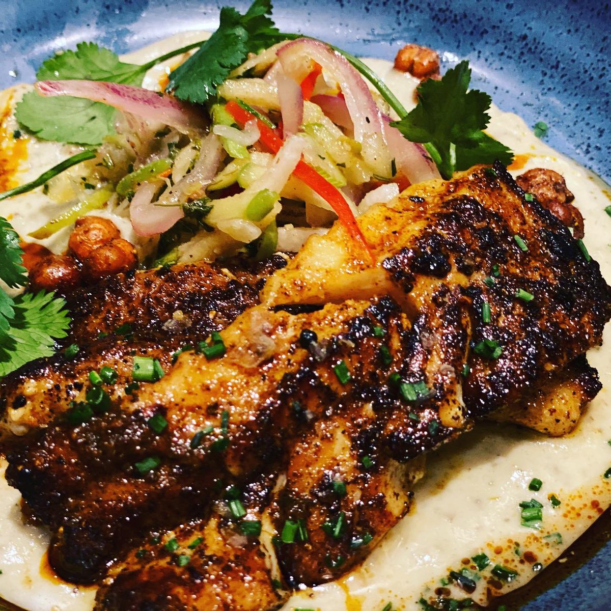 wildAKpollock's tweet image. Wow! Chef Kirin made us a special dish tonight with our fish for #WildAlaskaPollockweek that he’s going to put on the menu! Grilled Wild Alaska Pollock with creamed sunchoke purée, apple and fennel salad, crispy chickpeas and black garlic oil.