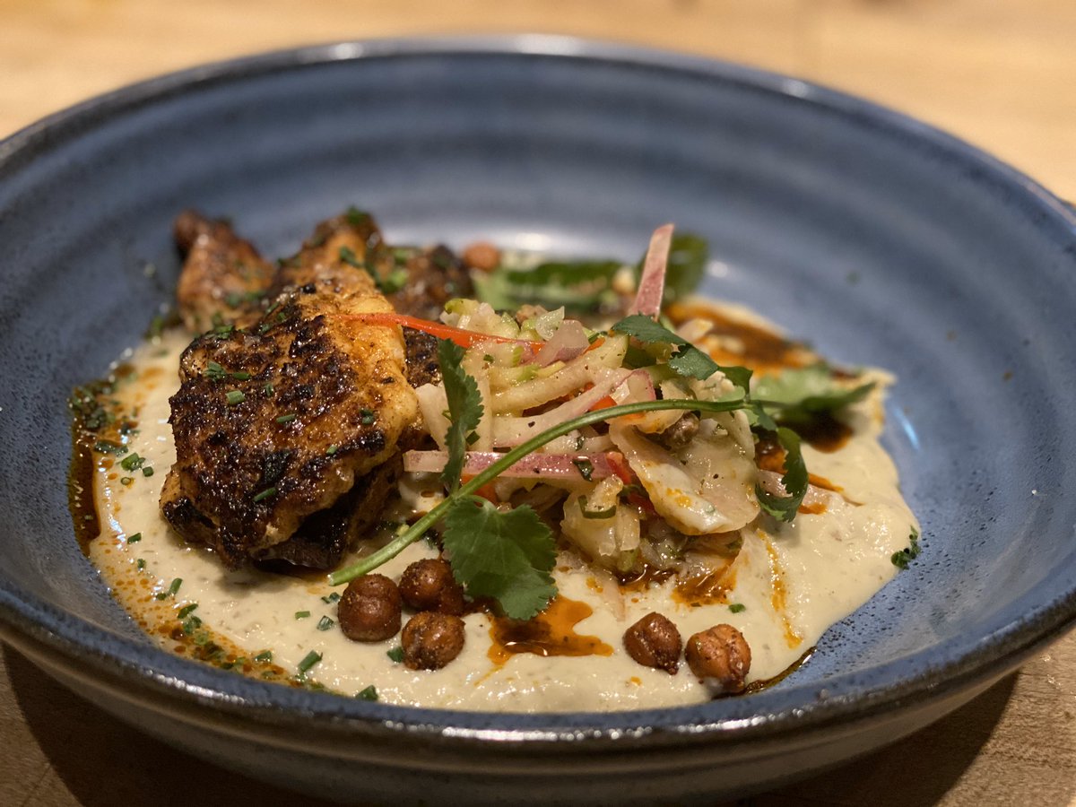 wildAKpollock's tweet image. Wow! Chef Kirin made us a special dish tonight with our fish for #WildAlaskaPollockweek that he’s going to put on the menu! Grilled Wild Alaska Pollock with creamed sunchoke purée, apple and fennel salad, crispy chickpeas and black garlic oil.